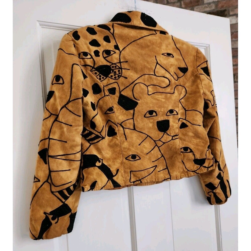 Safari Animal Art Deco Jacket Anage Womens XS Vintage Leopard Lion Embroidery